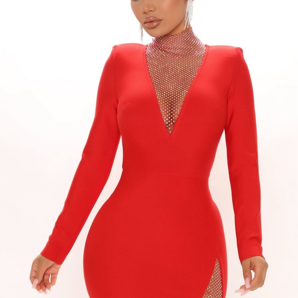 Fashion Nova Red Bodycon Mini Dress with Plunge Neckline
